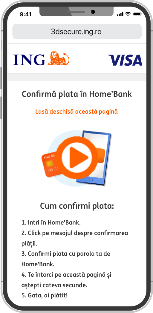 ecran din home'bank cu pasii pentru confirmarea platii
